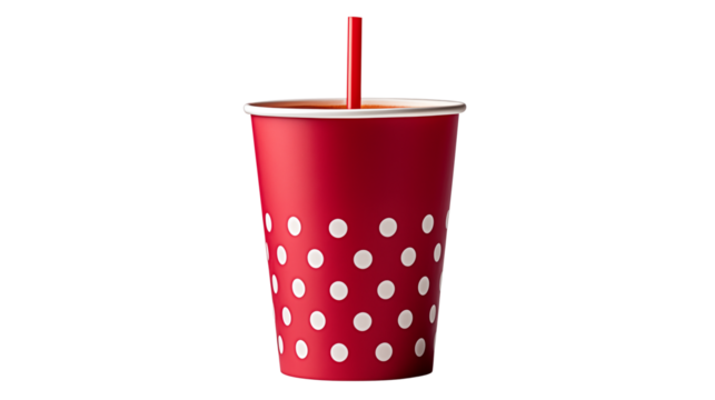 Bright red paper cup with a striped straw, perfect for beverages on the go, studio view, isolated on transparent background.