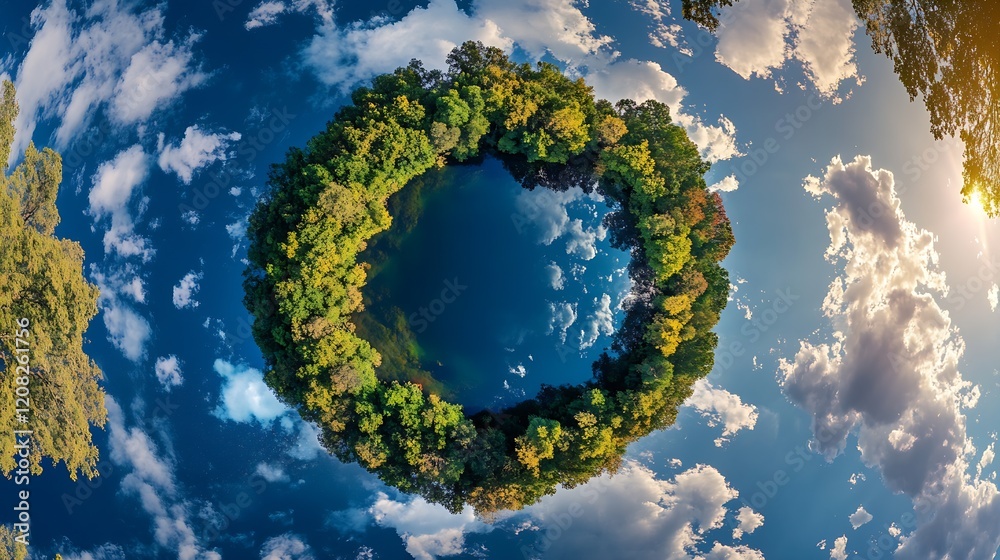 Poster spherical forest island reflection in clear blue sky and cloud formation : generative ai