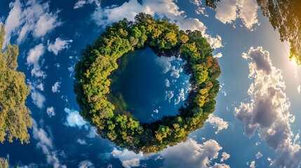 Fototapeta premium Spherical Forest Island Reflection in Clear Blue Sky and Cloud Formation : Generative AI