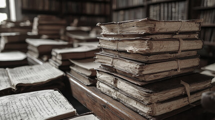 Fototapeta premium Old books stacked in a historic library highlighting the beauty of vintage literature and knowledge at a serene location