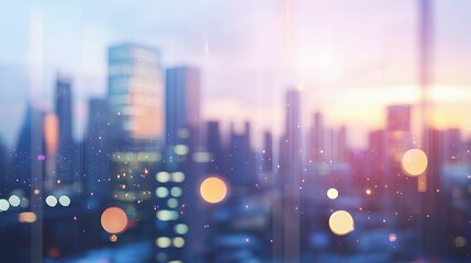 Obraz premium Blurred Modern Office Workspace in Morning Light with City View