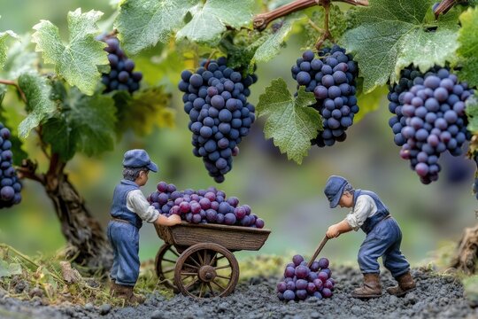 Miniature figures harvest ripe red grapes from a lush vineyard. - Powered by Adobe