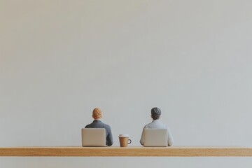 Two miniature figures sit at a wooden desk with laptops, facing away from the viewer.
