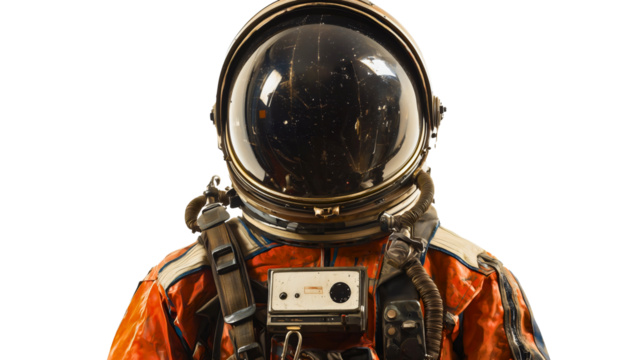 Astronaut in a vibrant orange suit with a futuristic helmet posing against a dark cosmic background space-themed portrait blending science exploration and imaginative universe adventure