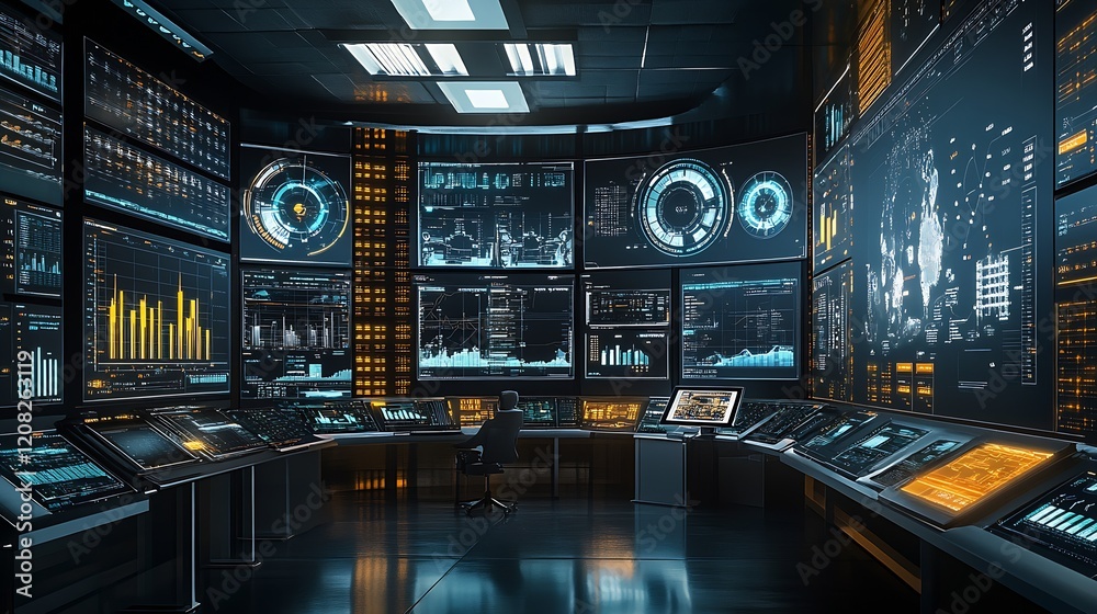 Poster High Tech Cyber Control Room with Interactive Digital Screens and Data Analysis Tools : Generative AI