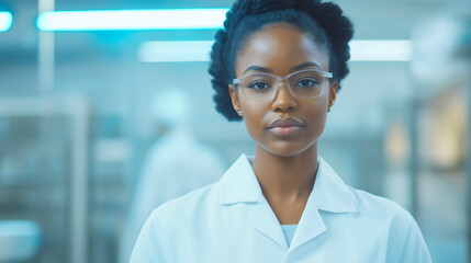 Female scientist in a modern laboratory, conducting research with a focused expression and professional demeanor, surrounded by laboratory equipment and a healthcare-focused environment
