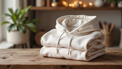 Cozy hoodie mockup folded on wooden table, warm aesthetic