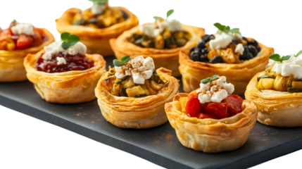 Elegant bite-sized vegetable tarts and savory pastries with cheese toppings, served on a colorful platter for a gourmet, photo-worthy snack experience perfect for parties and gatherings