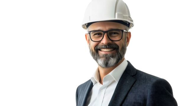 Smiling construction worker in a business suit and safety helmet, exuding confidence and professionalism in a modern corporate setting, capturing a successful and well-rounded career portrait
