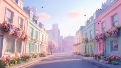 Fototapeta premium Colorful pastel houses lined with flowers on a tranquil street during a sunny morning