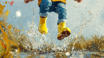 Feet of child in yellow rubber boots jumping over a puddle in the rain
