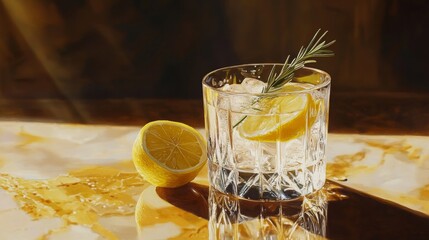Flat lay of gin and tonic with lemon and rosemary in crystal glass on the white background