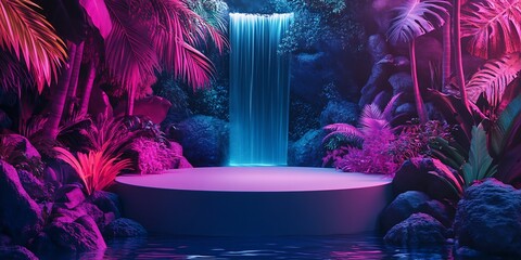 Fototapeta premium Mystical waterfall and vibrant jungle scene illuminated by colorful lighting : Generative AI