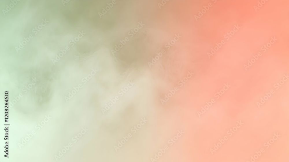 Poster thin mist dispersing subtly into a gradient light olive and coral backdrop, evenly lit to highlight 