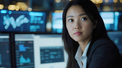 Obraz premium Young Asian businesswoman analyzing financial data on a computer in a modern office, showcasing professionalism, technology, and innovation in a corporate and high-tech workspace