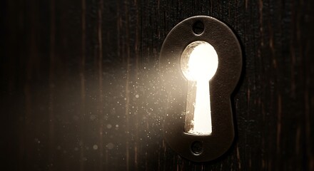 Antique keyhole in dark aged wood.  Bright light, dust particles.  Metal frame.