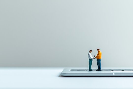 Two miniature figures collaborate on a laptop, symbolizing teamwork and digital collaboration.