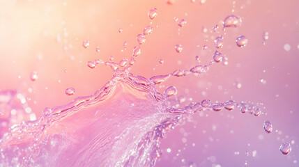 Water spray droplets captured mid-air, creating dynamic shapes against a pastel rose and lavender background, illuminated brightly