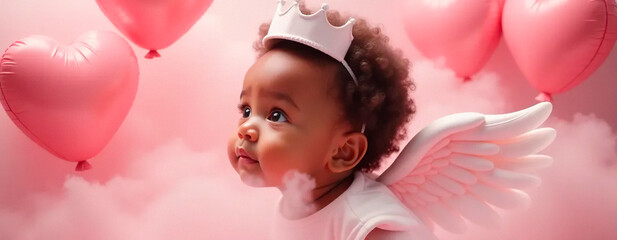 child with balloons | portrait of a child angel| Happy Day Valentine&acute;s | Commercial | Cute | Sky Background | Background for a love project  