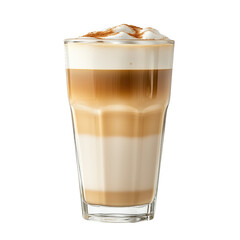 latte macchiato in tall clear glass isolated on white or transparent background
