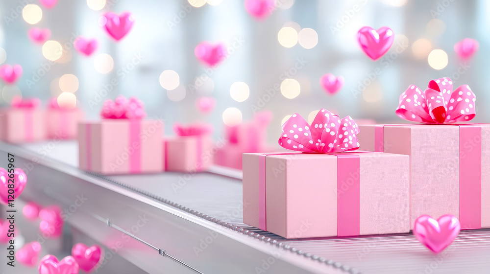Poster beautiful pink gift boxes with bows on a conveyor belt surrounded by floating hearts in a festive se