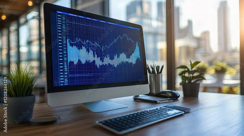 Poster modern office desk with computer screen displaying data analysis