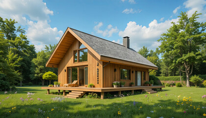 Obraz premium A beautifully designed wooden house with large windows and a spacious deck is nestled in a vibrant green landscape, under a clear blue sky with fluffy clouds