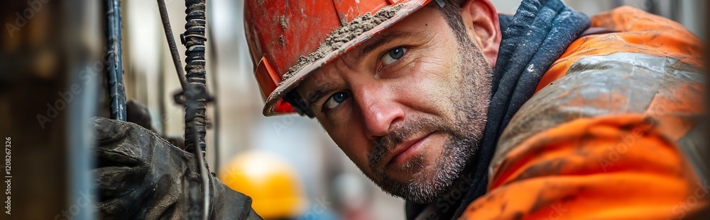 Poster focused construction worker in protective gear operating machinery at building site : generative ai