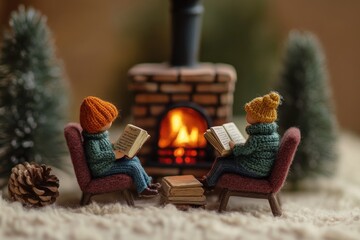 Two knitted dolls sit by a fireplace, engrossed in reading books, creating a cozy winter scene.