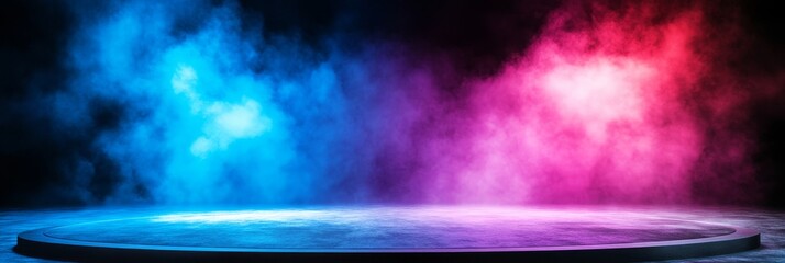 Neon Stage with Smoke Effects - A circular stage is bathed in blue and pink neon light, with thick smoke creating an atmospheric backdrop. Ideal for product displays or music related concepts.