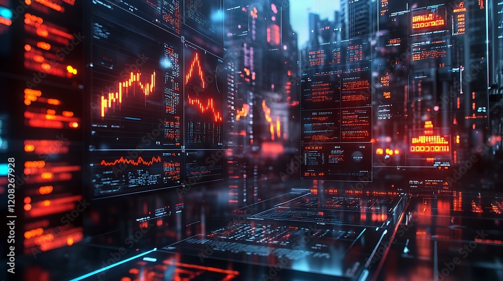 Poster Red Theme Cyber Financial Network with Stock and Data Visualizations : Generative AI