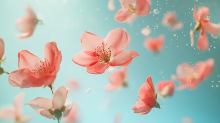 Pink flowers floating, aqua background, bubbles, spring