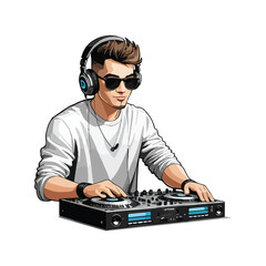 Cool DJ mixing music on turntables wearing headphones and sunglasses