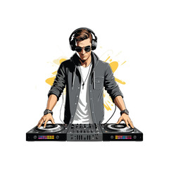 Cool DJ mixing music on turntables wearing headphones and sunglasses