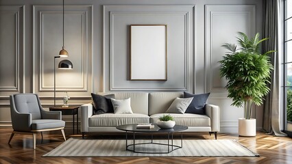 Modern living room interior background, wall mockup, 3d render