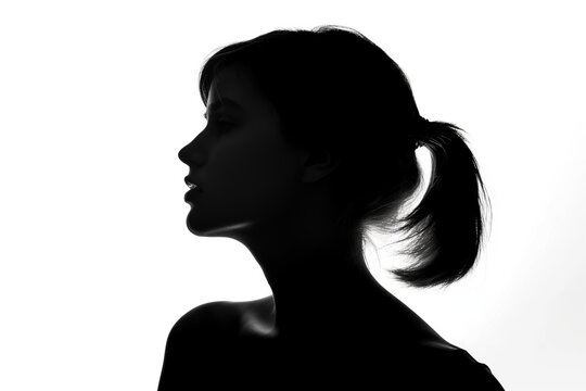 Silhouette of a woman with a ponytail in profile against a white background