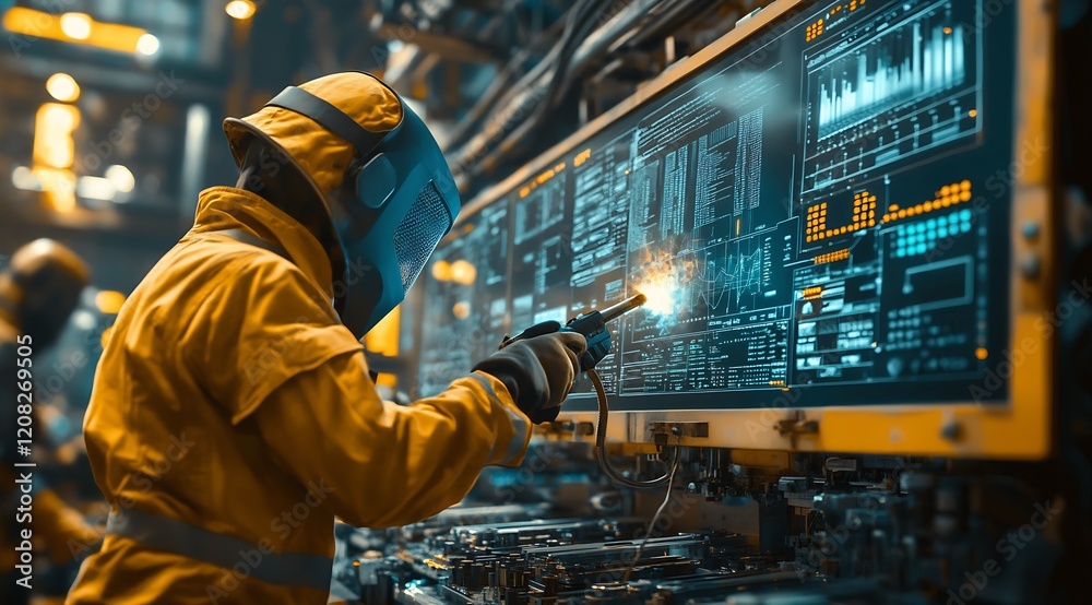 Aufkleber industrial worker in protective gear with advanced technology and robotic welding : generative ai