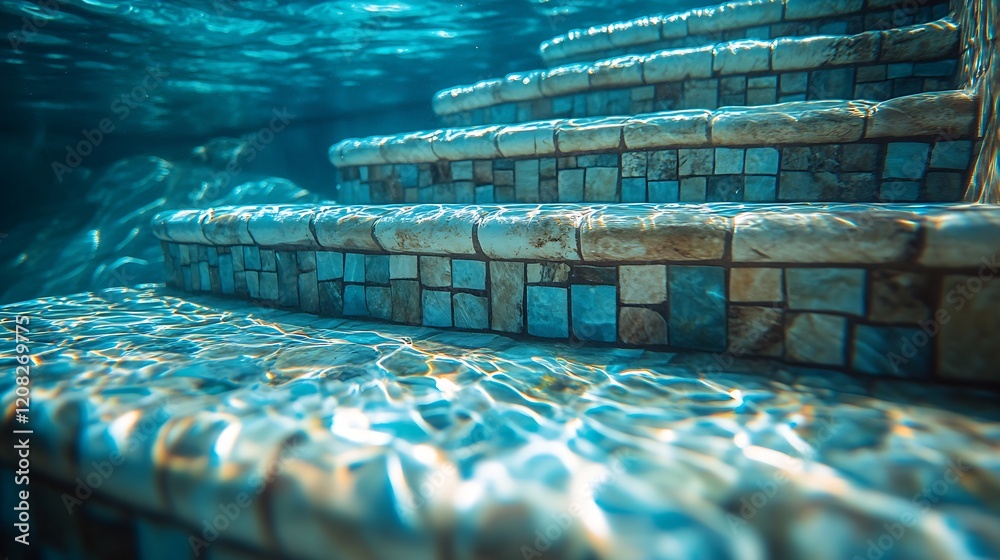 Aufkleber serene underwater pool steps with sunlit mosaic tiles creating a calming aquatic ambiance : generati
