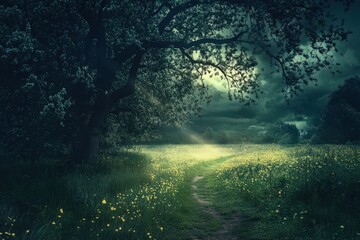 Fototapeta premium Serene Path Through A Dark Green Flower Field