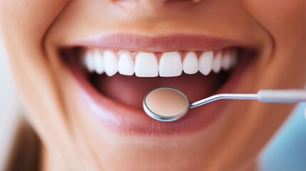 Fototapeta premium Close-up of bright, perfect white smiles with dental mirror showcasing healthy teeth. health, oral hygiene, and cosmetic dentistry. The image conveys confidence, cleanliness, and a radiant appearance