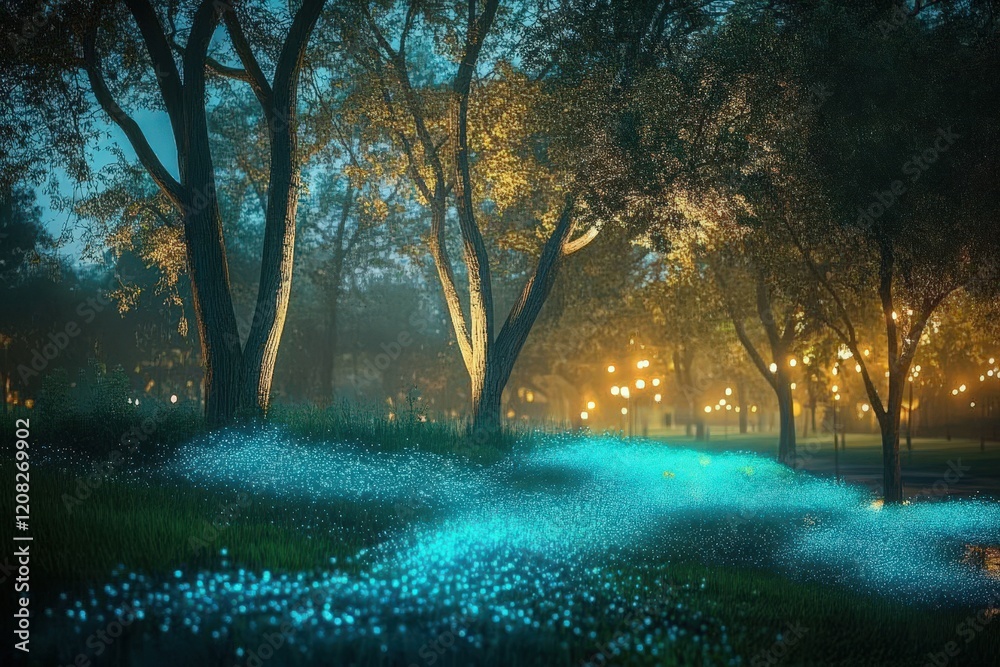 Wall mural Night Park Glowing Grass Illuminated Trees