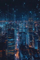 Naklejka premium Futuristic cityscape at night with digital data streams and illuminated skyscrapers