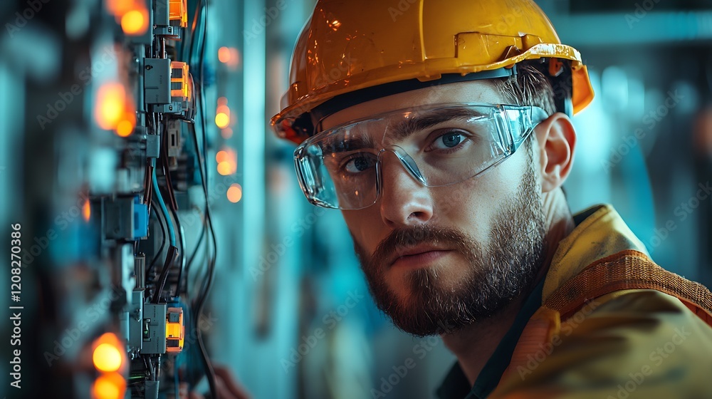 Poster engineer in hard hat and goggles inspecting electrical wiring panel with intensity : generative ai