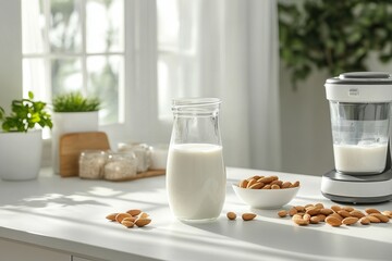 Almond milk preparation in a bright kitchen with fresh almonds and modern blender