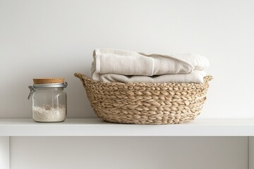 Fototapeta premium Minimalist home decor with wicker basket and linen towels on shelf