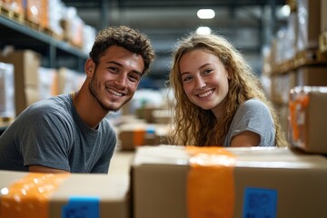 Happy young warehouse workers smile confidently amidst stacks of cardboard boxes.
