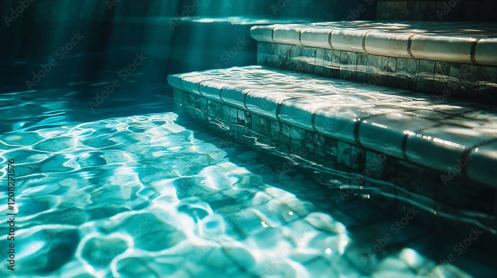 Poster Sunlit mosaic step in a swimming pool creating a vivid water pattern : Generative AI