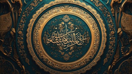 Fototapeta premium Ornate Gold Calligraphy on Teal Circular Design
