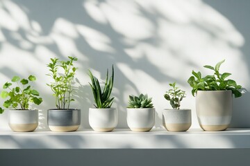 Fototapeta premium Indoor plant decor with sunlit succulents on a shelf