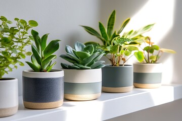 Obraz premium Stylish indoor plants arrangement on sunlit shelf for modern home decor